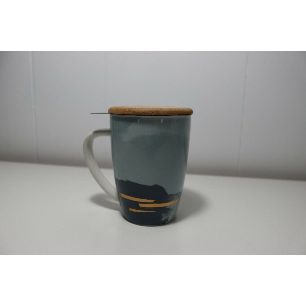Pinky Up Blue and Gold Mug 12 oz Bailey Ceramic tea mug and infuser